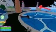 Head inside the highlighted watch tower to purchase the Black Cape (Image via Roblox)